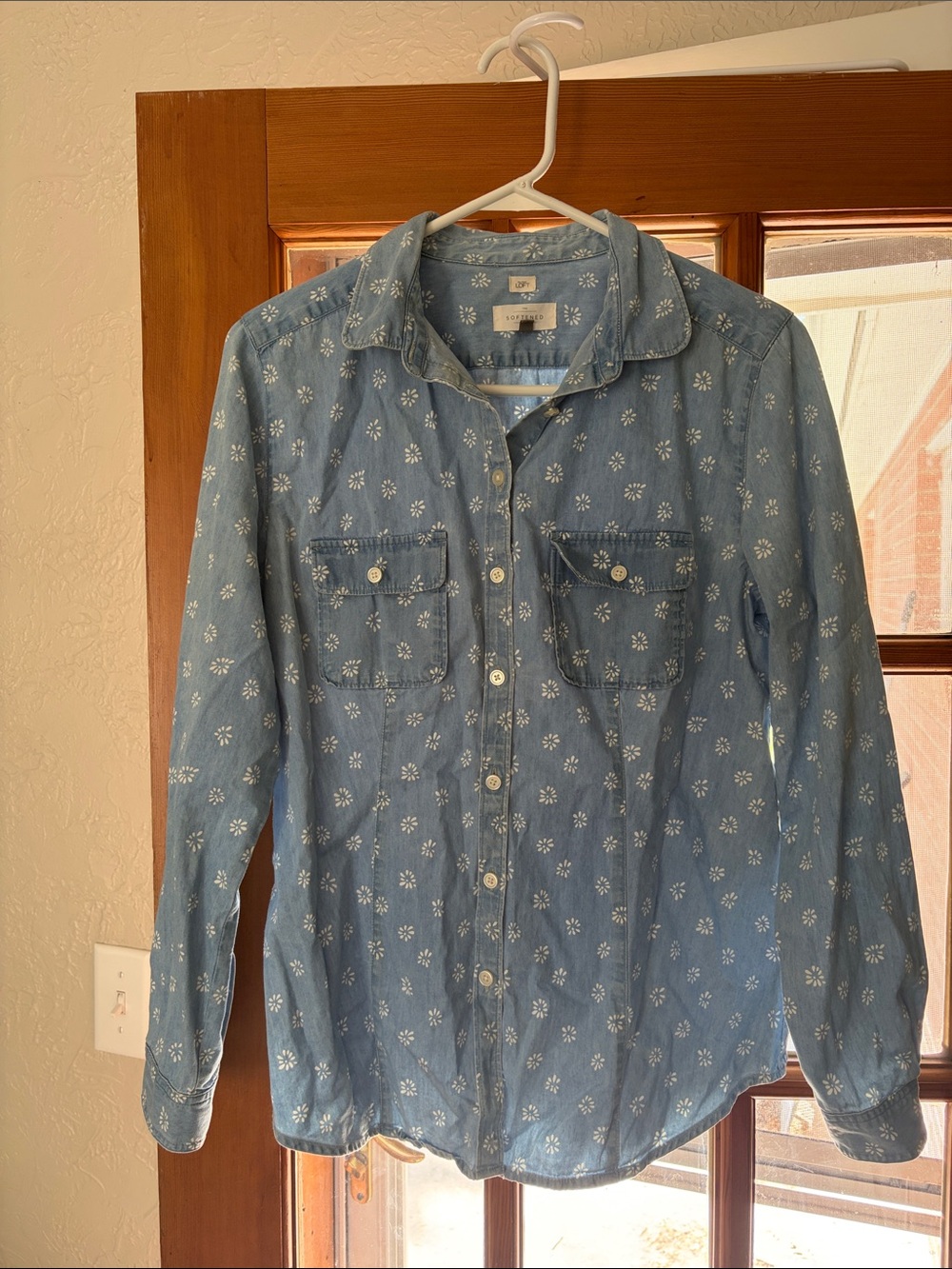 LOFT Light Blue Floral Chambray Button-Down Shirt